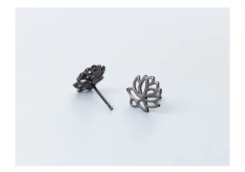 pendientes de plata de ley 925 auténtica para mujer, aretes de tuerca con flor de loto negro