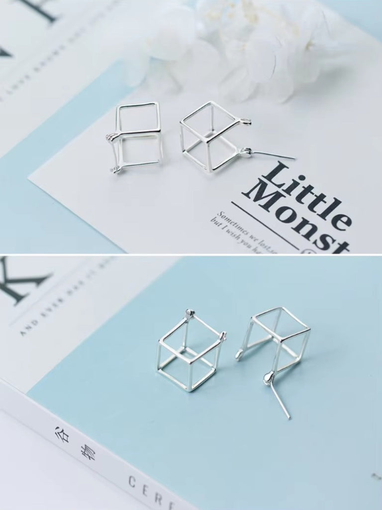 pendientes de plata de ley 925 con forma de cubo cuadrado para mujer