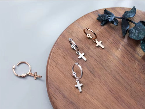 pendientes de aro de Plata de Ley 925 con forma de cruz para mujer, aretes, plata esterlina