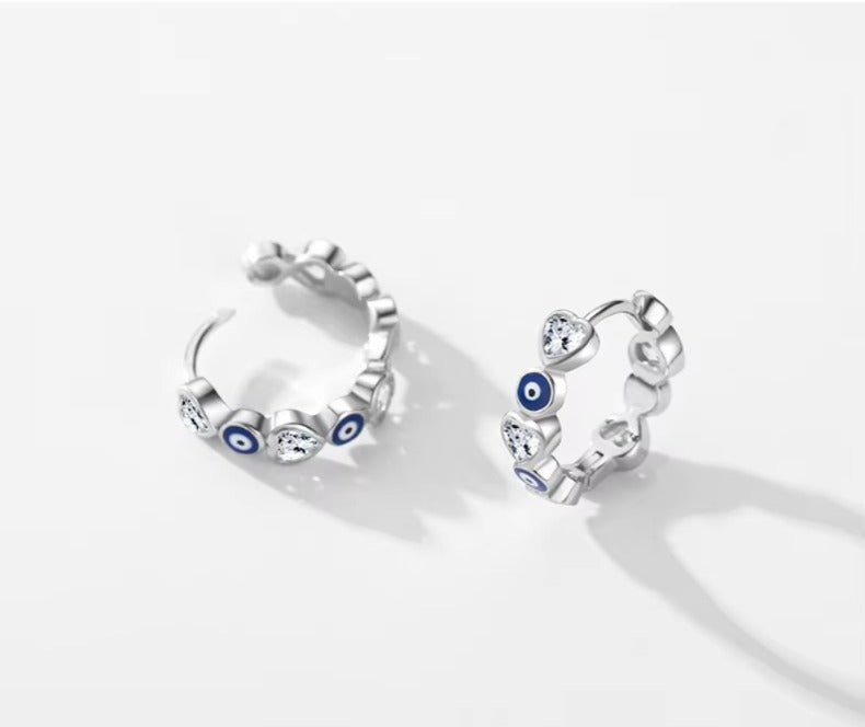 pendientes de aro de Plata de Ley 925 con diseño de ojos azules esmaltados