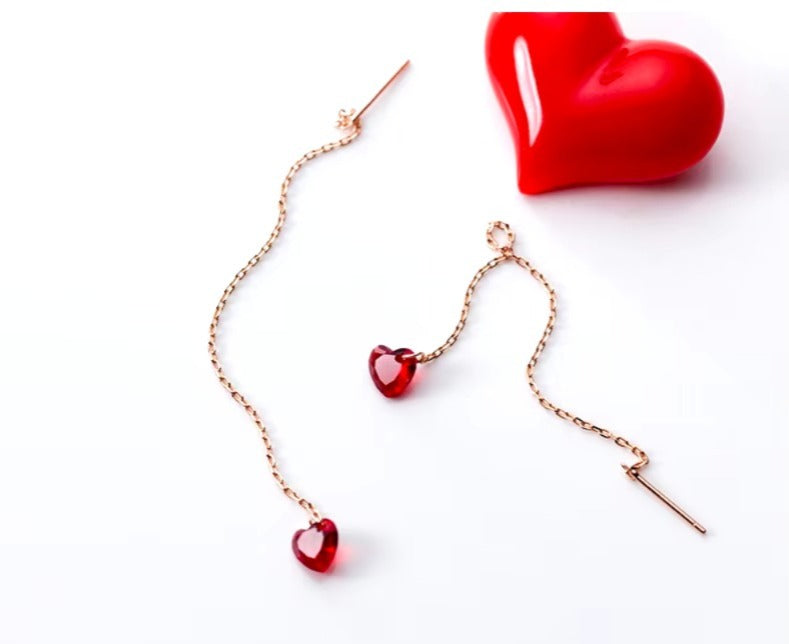 pendientes de plata esterlina 925 para mujer, aretes de cadena con corazones de cristal rojo Simple