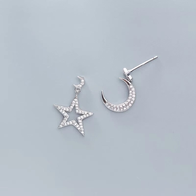 pendientes de plata de ley 925 con forma de luna y Estrella, joyería fina, con brillo