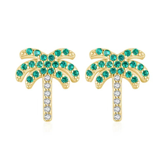 pendientes de tuerca de árbol de Coco para mujer, de cristal verde, planta de plata de ley 2021