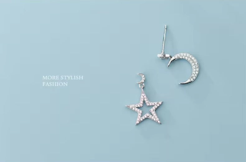 pendientes de plata de ley 925 con forma de luna y Estrella, joyería fina, con brillo