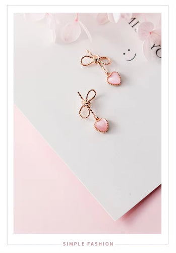 Vintage patrón Swing Rosa corazones Stud pendientes moda clásica 100% Plata de Ley 925 Bowknot joyería para regalo de las mujeres