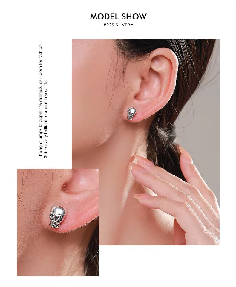 pendientes de plata de primera ley con forma de calavera para hombre y mujer, aretes pequeños