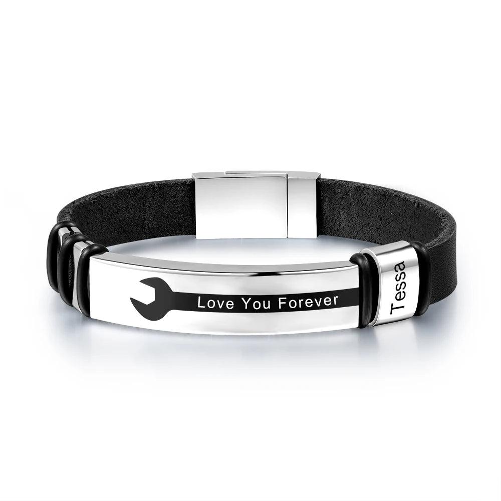 Pulsera de cuero PU negra con nombre grabado personalizado para hombre