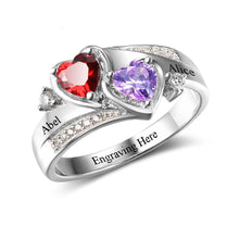 Cargar imagen en el visor de la galería, Anillo de Plata de Ley 925 con 2 corazones y piedra natal
