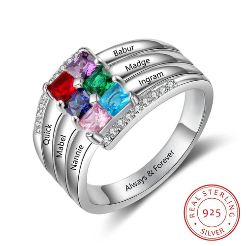 anillo personalizado de Plata de Ley 925 con 6 piedras de nacimiento cuadradas para madres