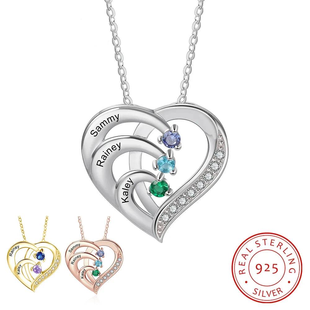 Collar de corazón personalizado de Plata de Ley 925 con 2-6 piedras de nacimiento