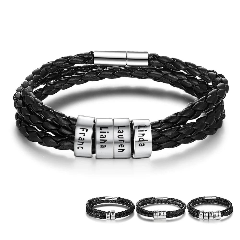 Pulsera de cuero con cuentas personalizables para hombre