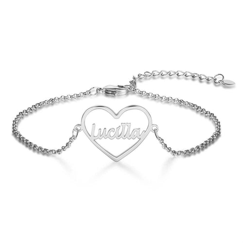 pulsera de plata de ley 925 con placa de nombre de corazón personalizada para mujer
