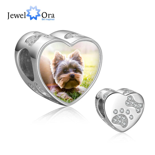 Cuentas de corazón con foto personalizada con Circonia cúbica, Charms de pata de mascota y Bon para pulsera, regalo de joyería personalizada (JewelOra AS101980)