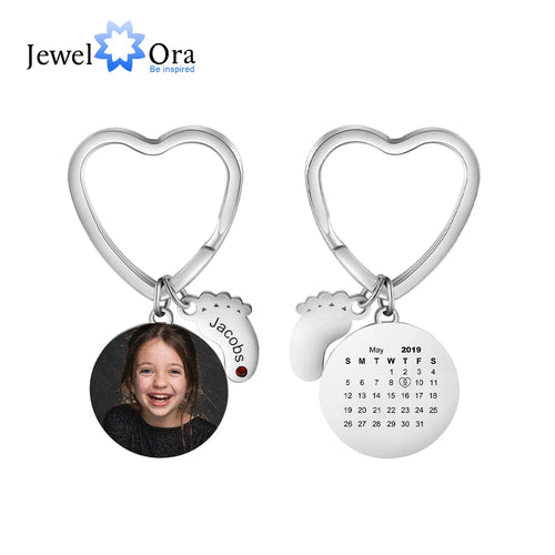 JewelOra-llavero personalizado de acero inoxidable con foto y calendario, grabado de nombre, pies de bebé, con piedra de nacimiento, regalos