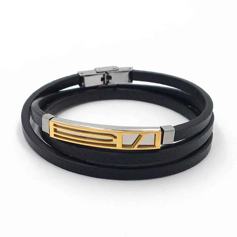 Pulsera de cuero genuino para hombre, brazalete de acero inoxidable