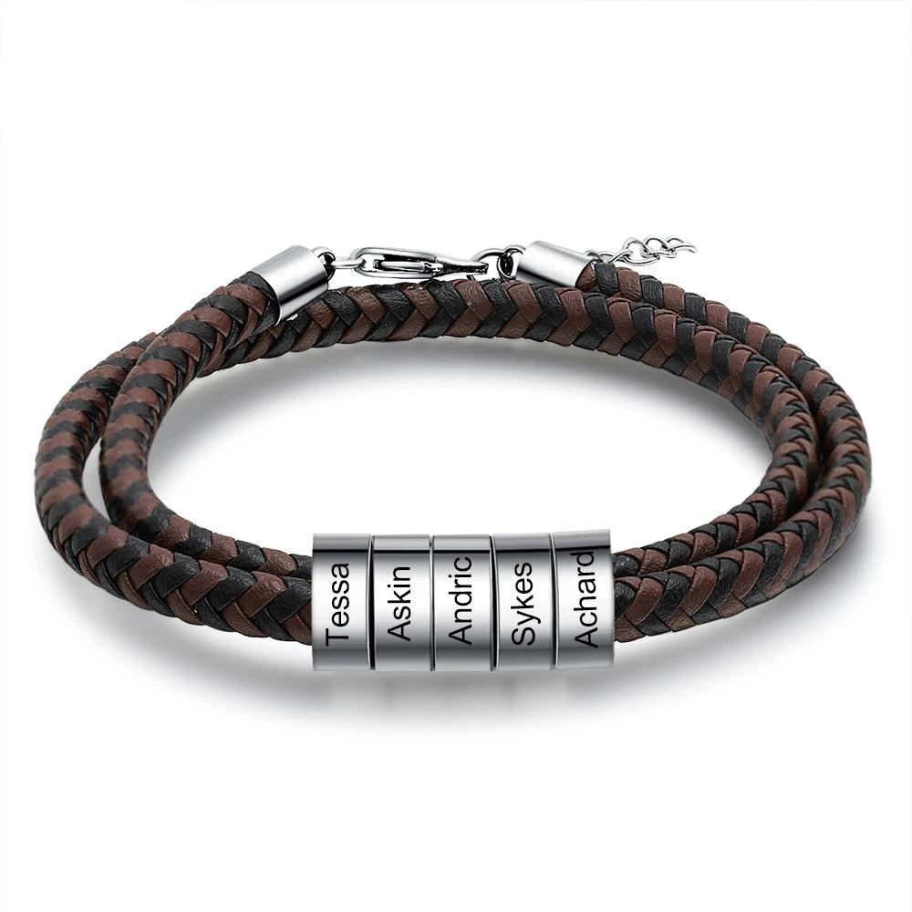 Pulsera de cuero trenzado con grabado personalizado para hombre