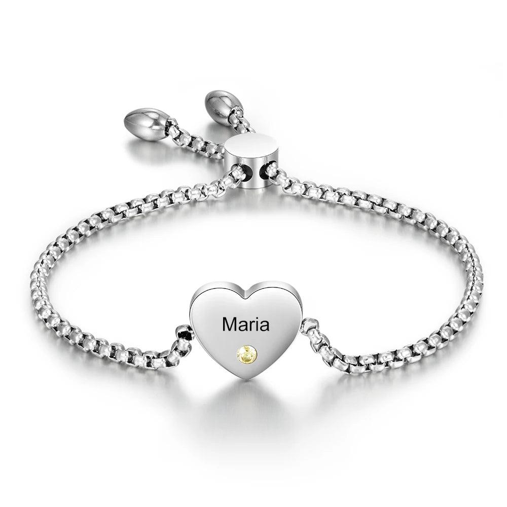 Pulsera de corazón con nombre grabado personalizado con piedra natal