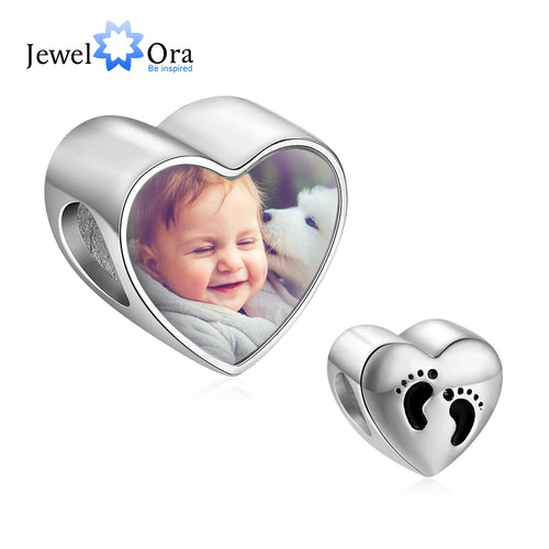 Cuentas personalizables para fabricación de joyas, abalorios con forma de corazón y pies de bebé, aptos para pulsera, collares y fotos personalizadas, (JewelOra AS101983)