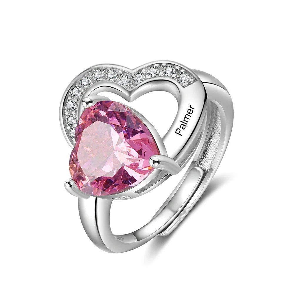 Anillo de corazón de piedra natal personalizado para mujer