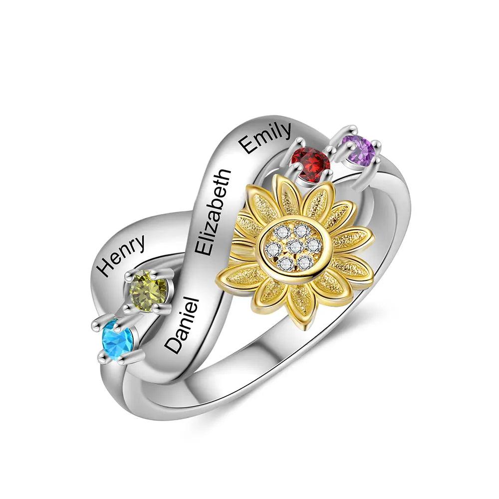 Anillos delicados personalizados con nombre de girasol para mujer