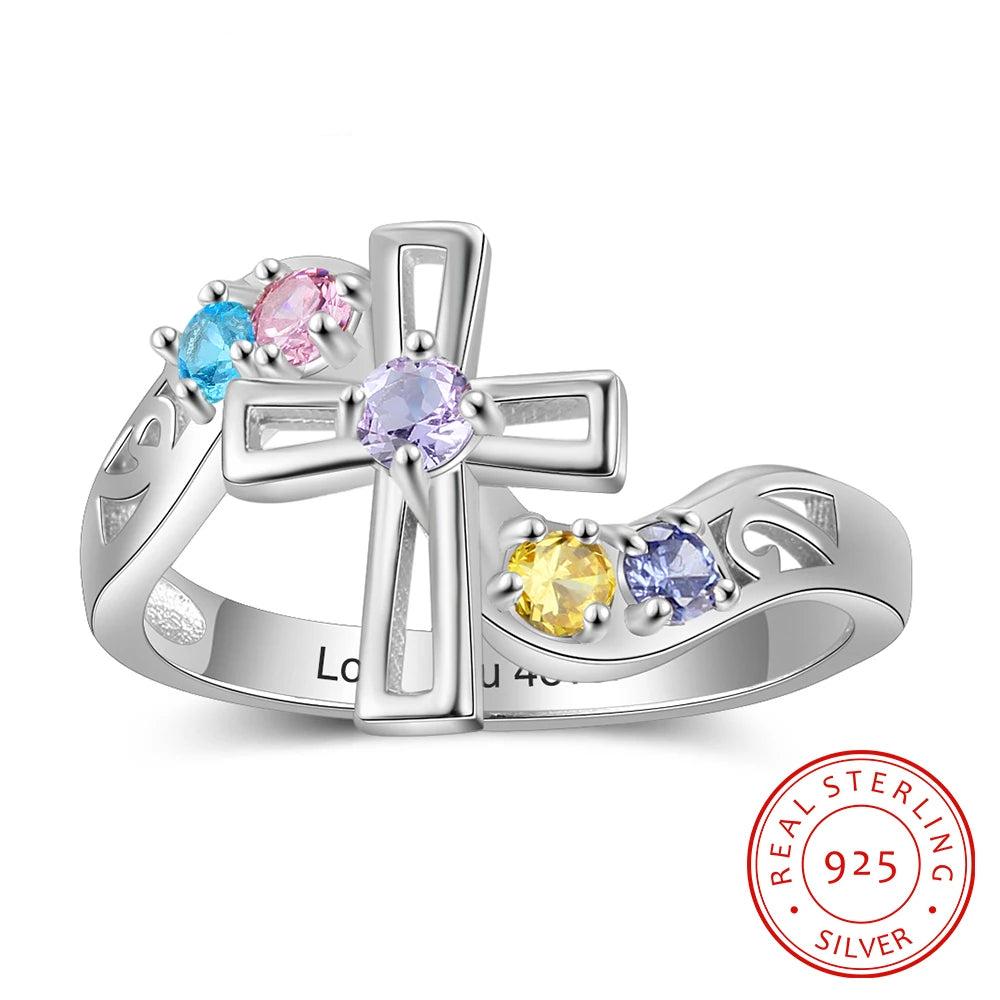 Anillos de plata de ley 925 personalizados con incrustaciones de 5 piedras preciosas grabadas para mujer