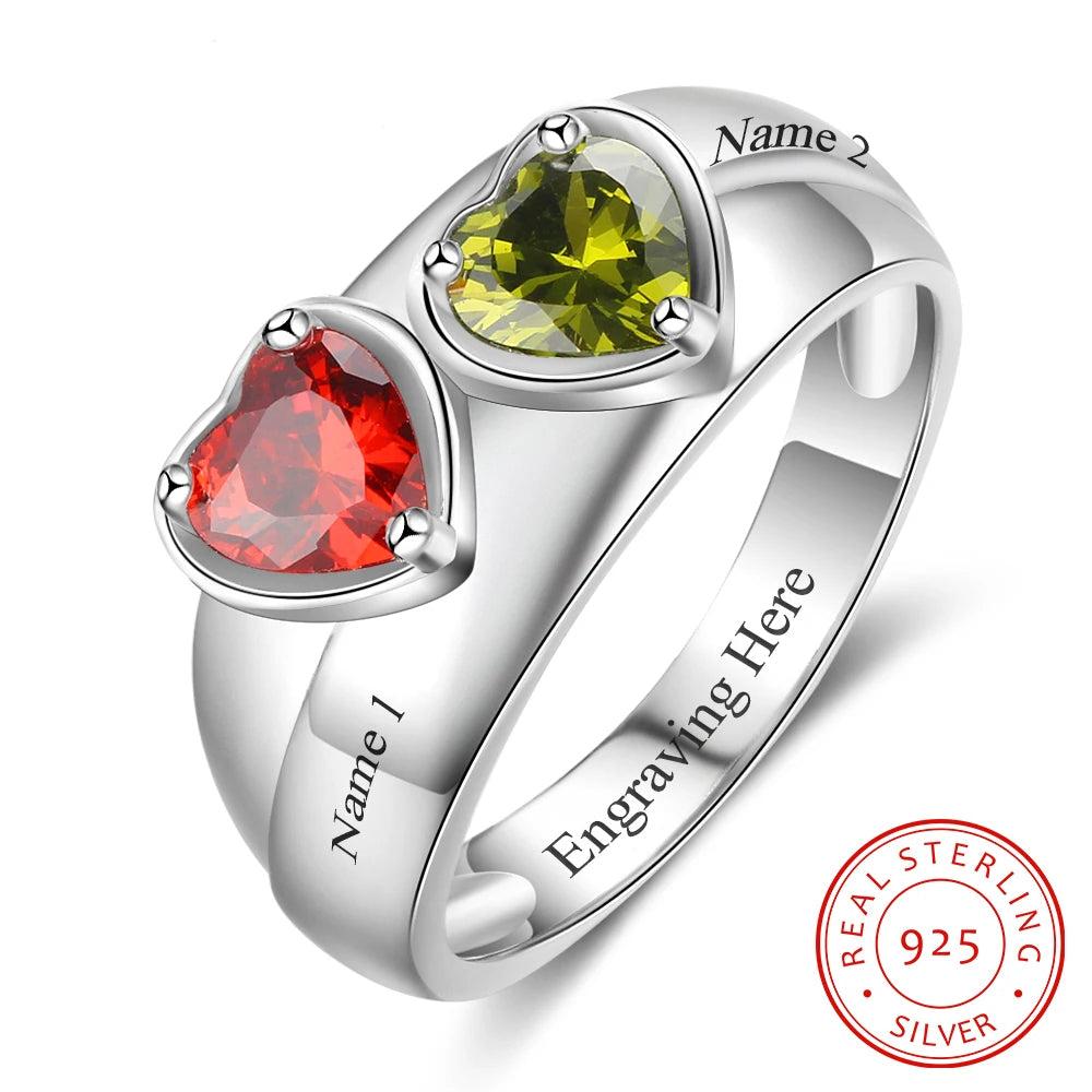 Anillos de plata de ley 925 con piedra natal y corazón personalizado para mujer