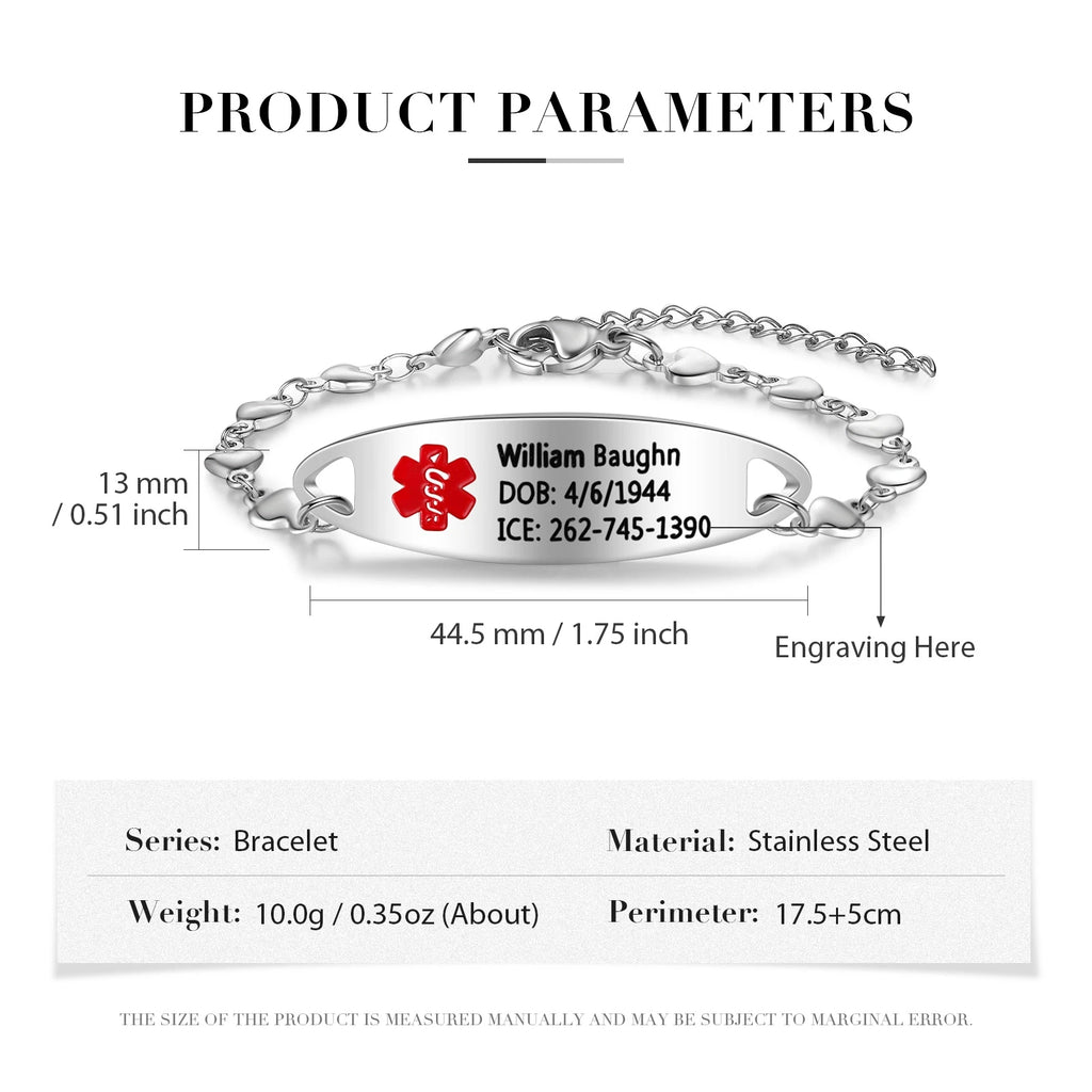 Pulsera de identificación de alerta médica grabada personalizada para mujer