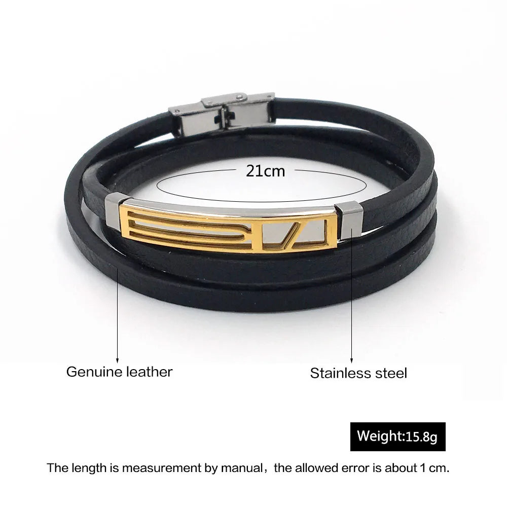 Pulsera de cuero genuino para hombre, brazalete de acero inoxidable