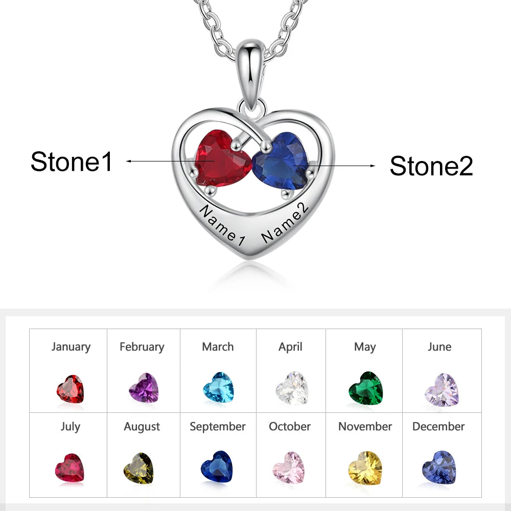 Collar con colgante de corazón personalizado romántico con 2 piedras de nacimiento
