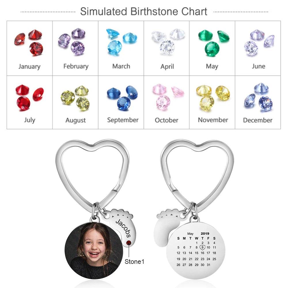 JewelOra-llavero personalizado de acero inoxidable con foto y calendario, grabado de nombre, pies de bebé, con piedra de nacimiento, regalos