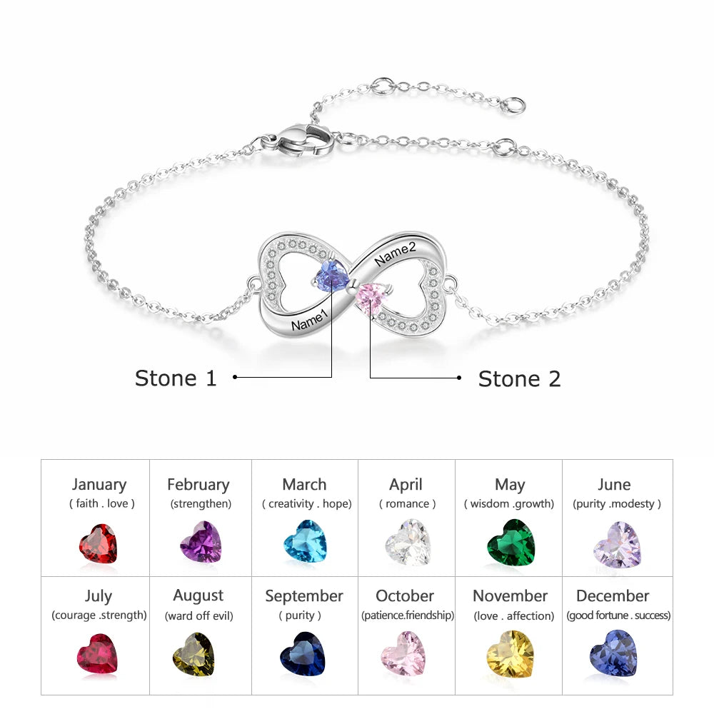 Pulsera Infinity personalizada de Plata de Ley 925 con piedra natal de corazón