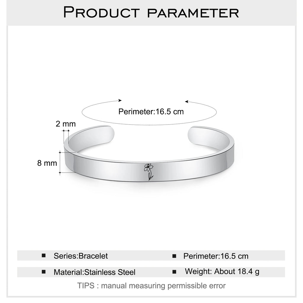 Brazalete con grabado personalizado de flores de nacimiento para mujer