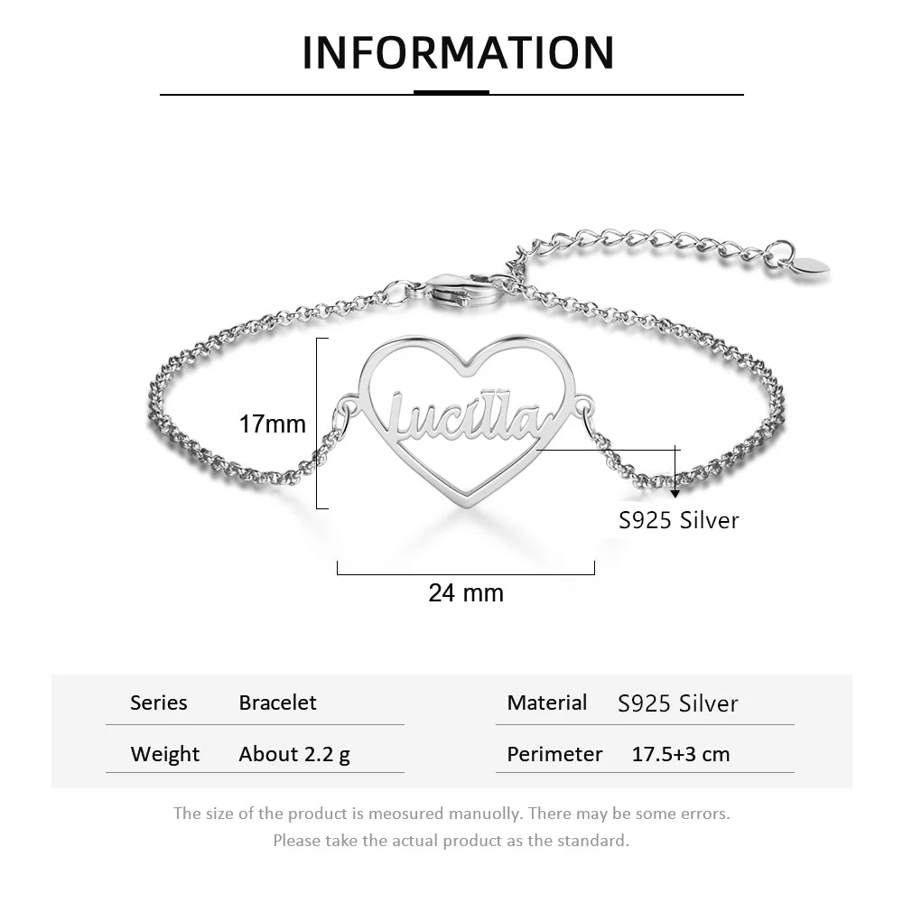 pulsera de plata de ley 925 con placa de nombre de corazón personalizada para mujer