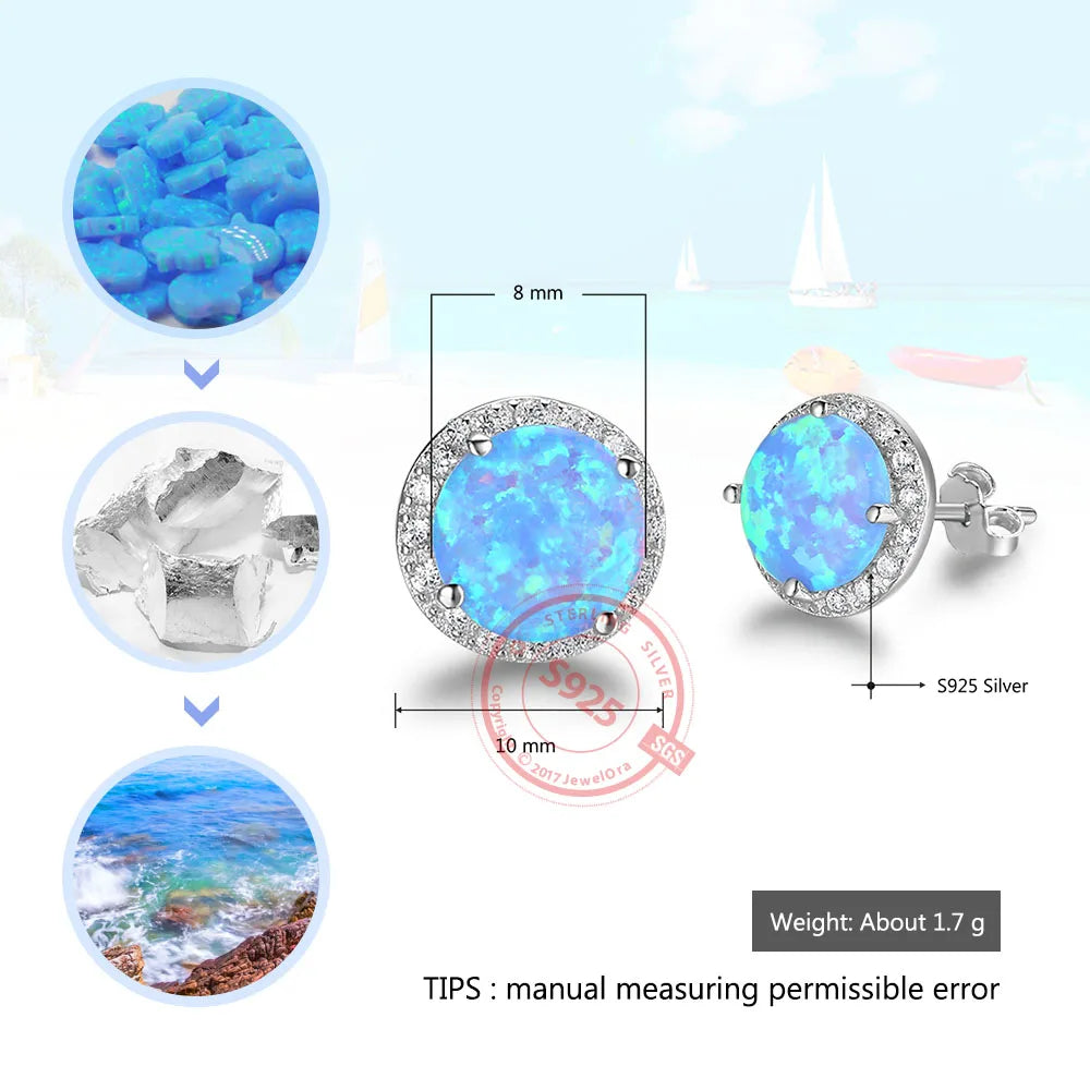 Pendientes de tuerca de Plata de Ley 925 con piedra de ópalo azul de 10mm