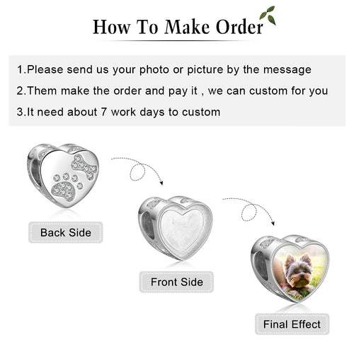 Cuentas de corazón con foto personalizada con Circonia cúbica, Charms de pata de mascota y Bon para pulsera, regalo de joyería personalizada (JewelOra AS101980)