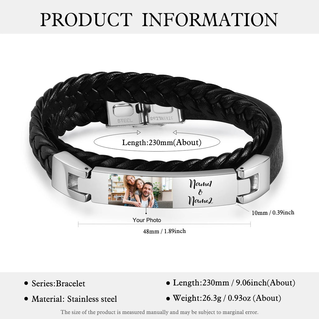 Pulsera de cuero con foto personalizada para hombre