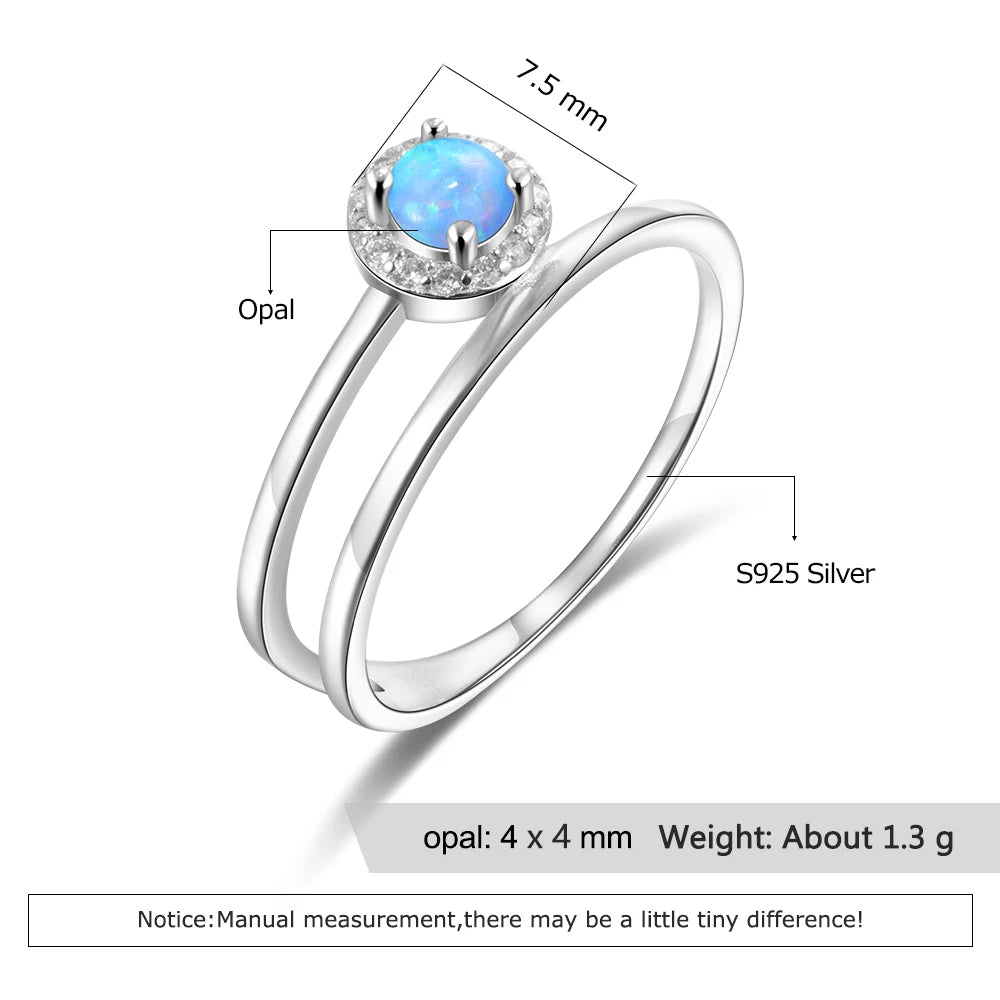 Anillo de Plata de Ley 925 de doble capa con piedra redonda de ópalo azul