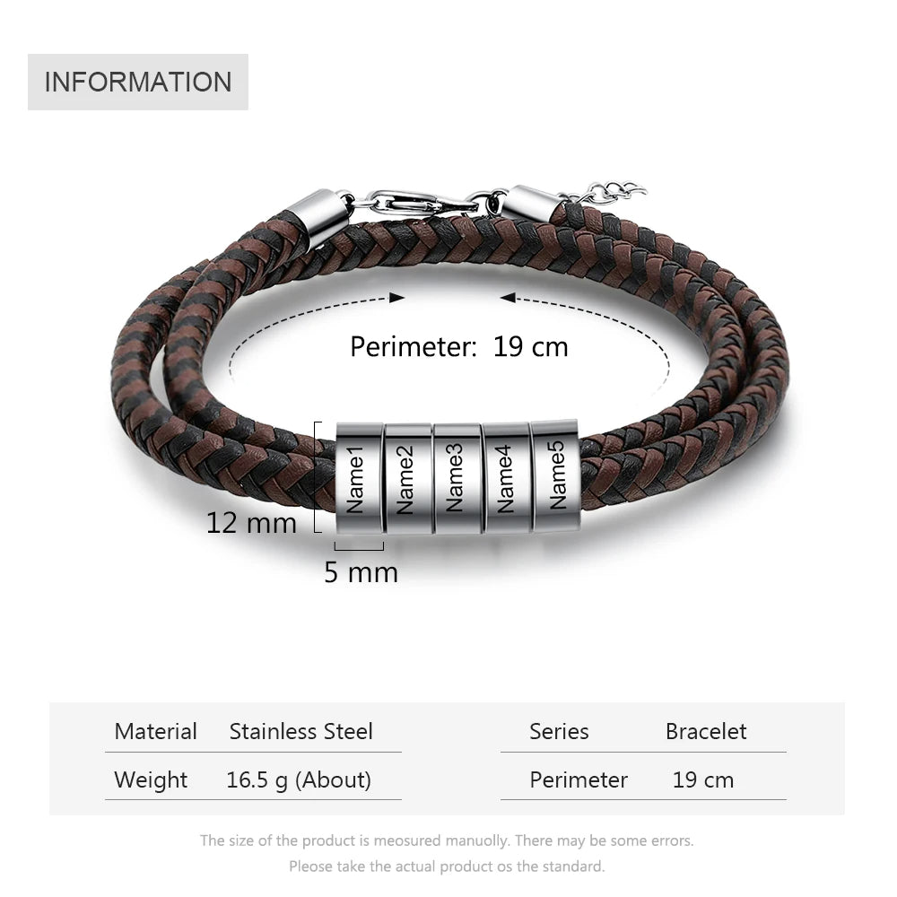 Pulsera de cuero trenzado con grabado personalizado para hombre