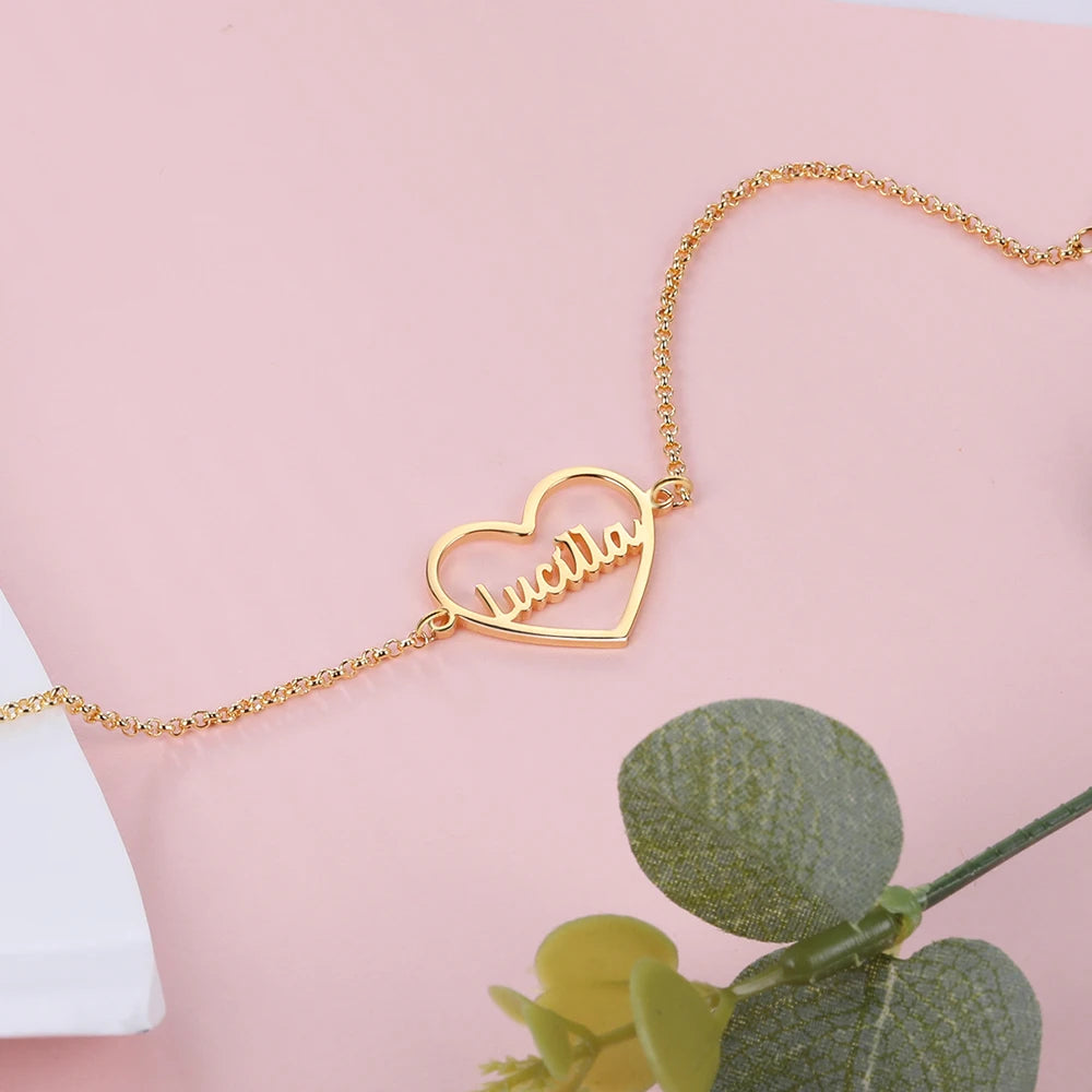 pulsera de plata de ley 925 con placa de nombre de corazón personalizada para mujer