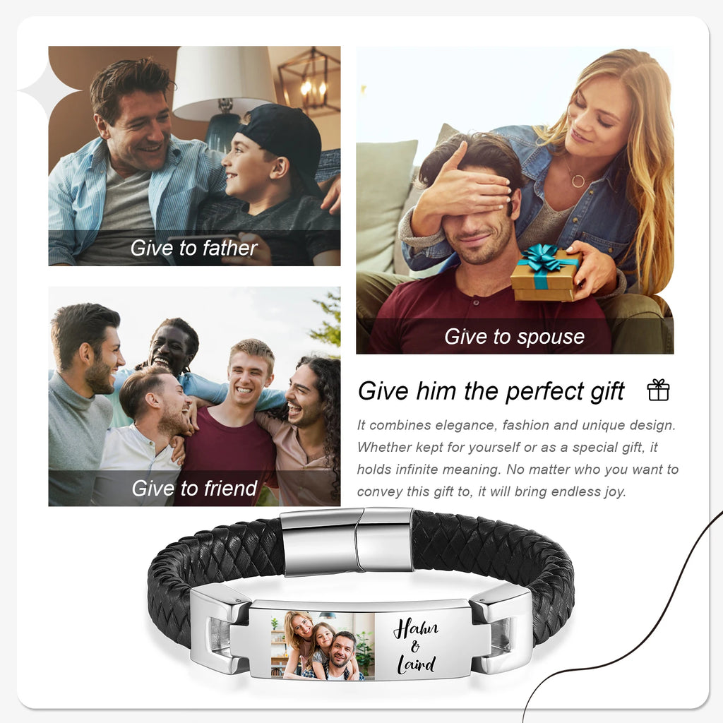 Pulsera de cuero con foto personalizada para hombre