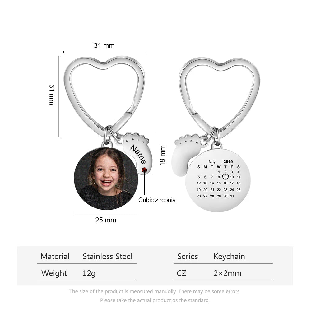 JewelOra-llavero personalizado de acero inoxidable con foto y calendario, grabado de nombre, pies de bebé, con piedra de nacimiento, regalos