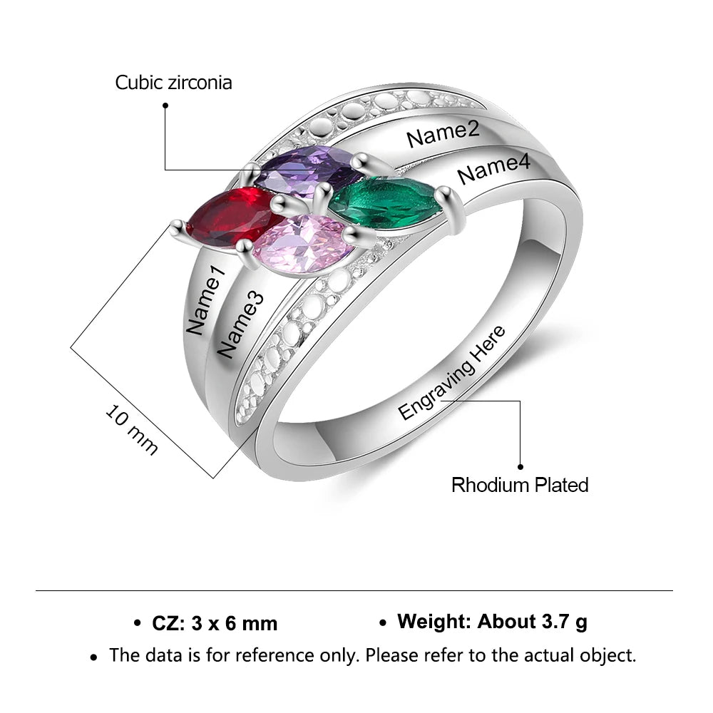 Anillo personalizado con grabado de 4 nombres con piedra de nacimiento