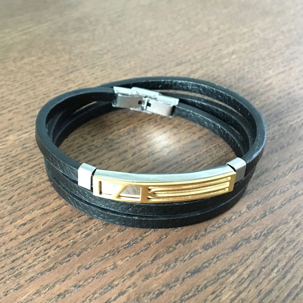 Pulsera de cuero genuino para hombre, brazalete de acero inoxidable