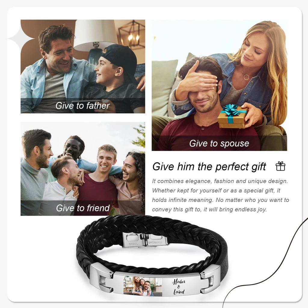 Pulsera de cuero con foto personalizada para hombre