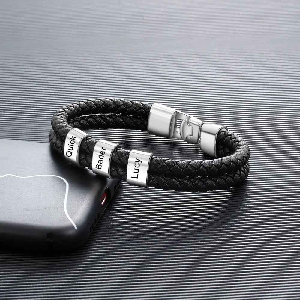 Pulsera de cuero trenzado y acero inoxidable para hombre