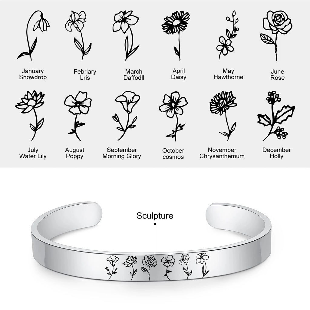 Brazalete con grabado personalizado de flores de nacimiento para mujer