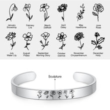 Cargar imagen en el visor de la galería, Brazalete con grabado personalizado de flores de nacimiento para mujer