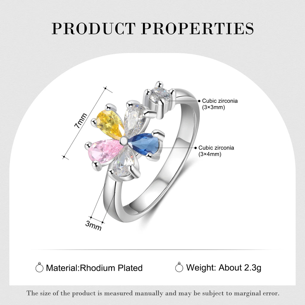 Elegante anillo abierto de flores personalizado para mujer