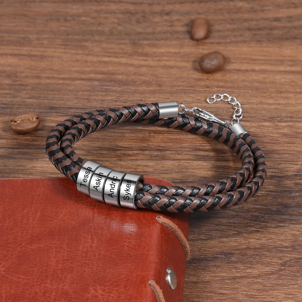 Pulsera de cuero trenzado con grabado personalizado para hombre