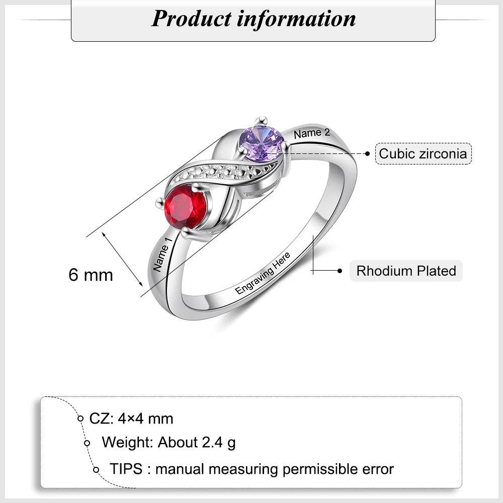 anillo grabado infinito personalizado con 2 piedras de nacimiento